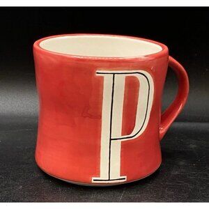 Anthropologie P Initial Monogram Red Hand Painted Ceramic Coffee Mug